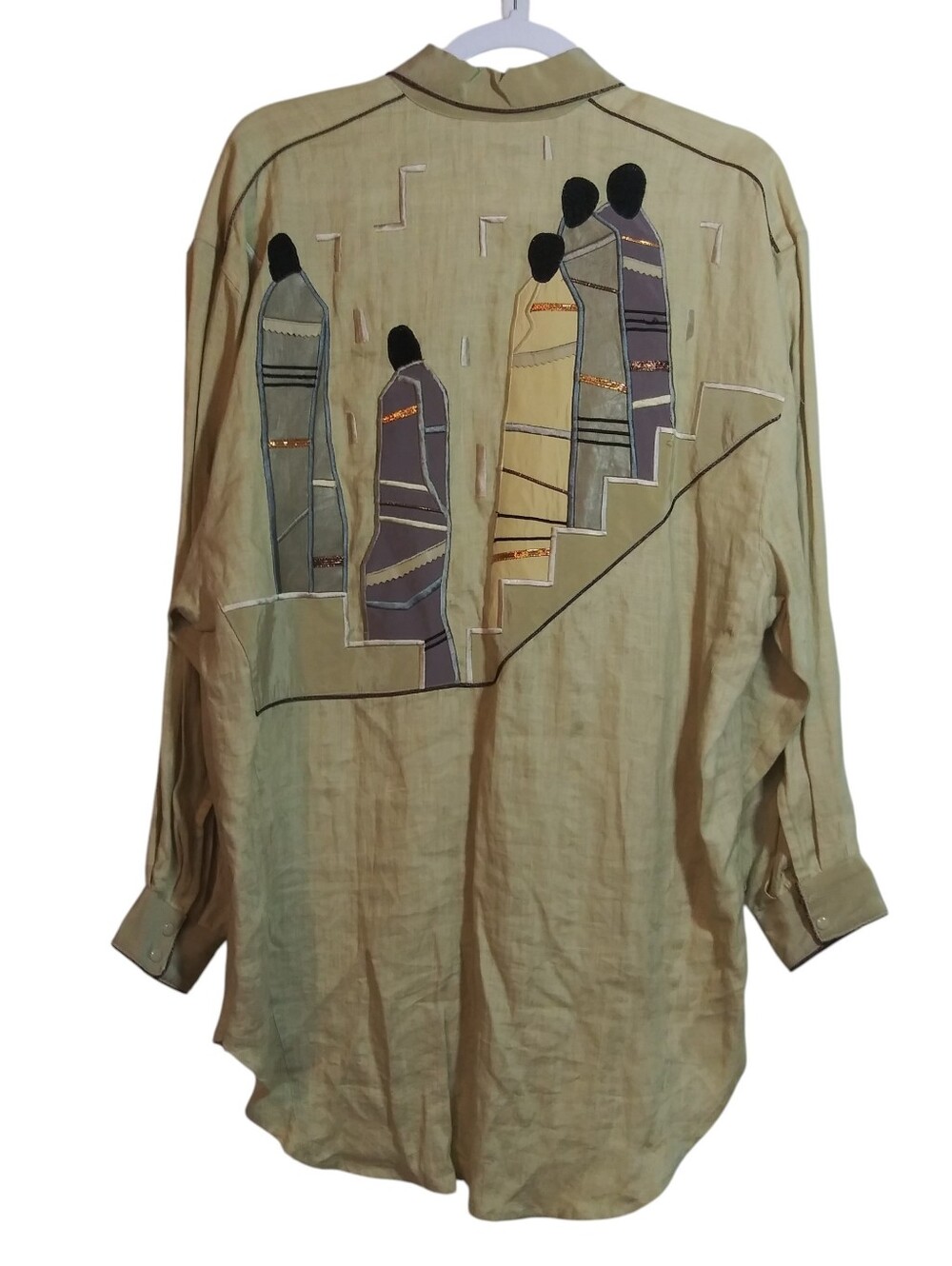 Mercedes & Adrienne Vintage 80s Embroidered Artisan Beige Button-Up Shirt Size 8
